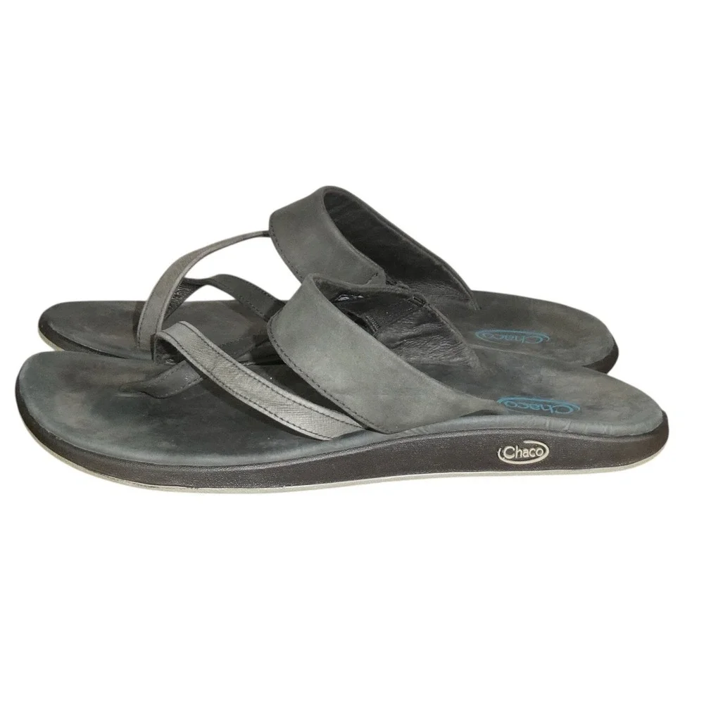 Chaco Womens 10 Leather Flip Flop Sandals Black J103650 Strappy Comfort Beach - Picture 2 of 7